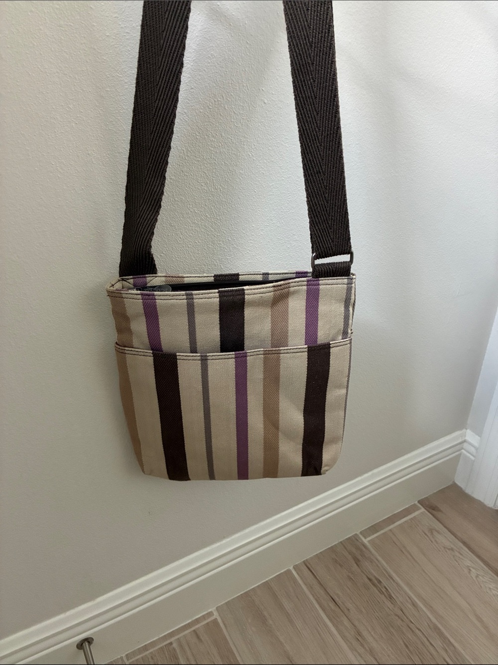 thirty-one Striped Canvas Crossbody in Beige, Brown & Purple Accent